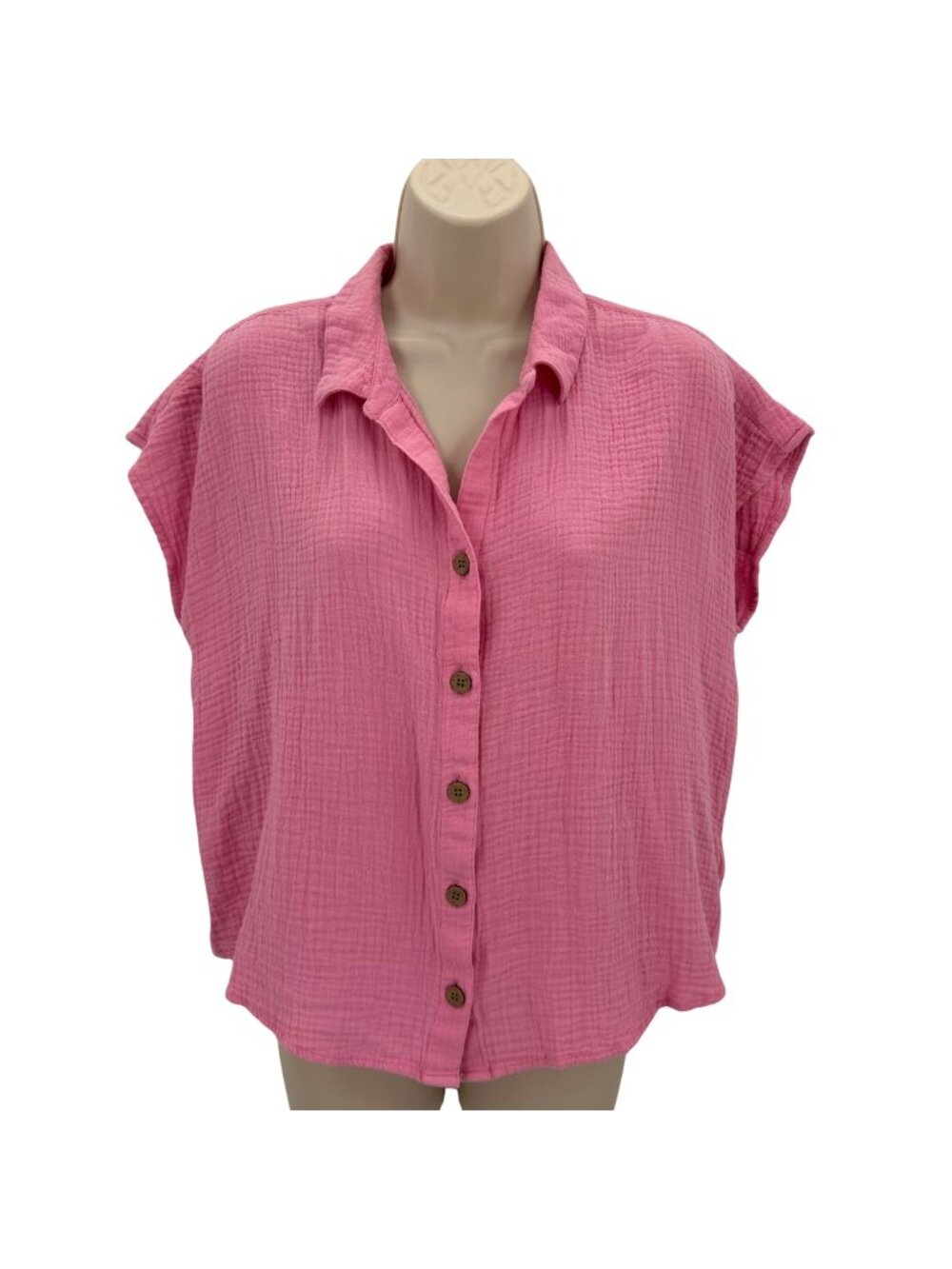 Beachlunchlounge Pink Button-Down Gauze Shirt Short Sleeve Womens M